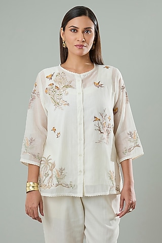 Cream Silk & Cotton Applique Work Shirt by Azu