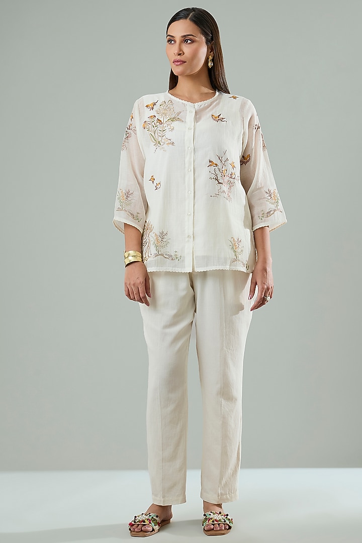 Cream Silk & Cotton Applique Work Shirt by Azu at Pernia's Pop Up Shop