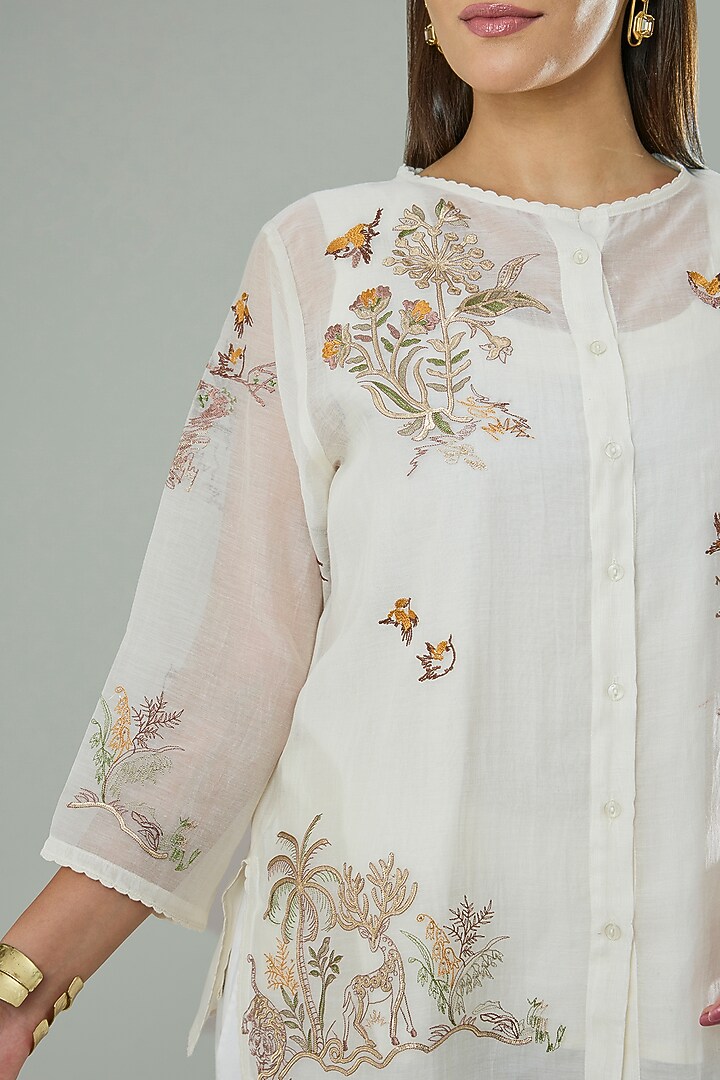 Cream Silk & Cotton Applique Work Shirt by Azu at Pernia's Pop Up Shop