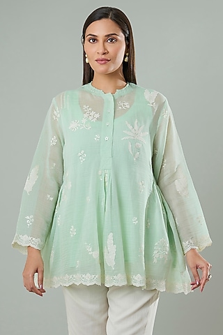 Firozi Silk & Cotton Applique Work Shirt by Azu