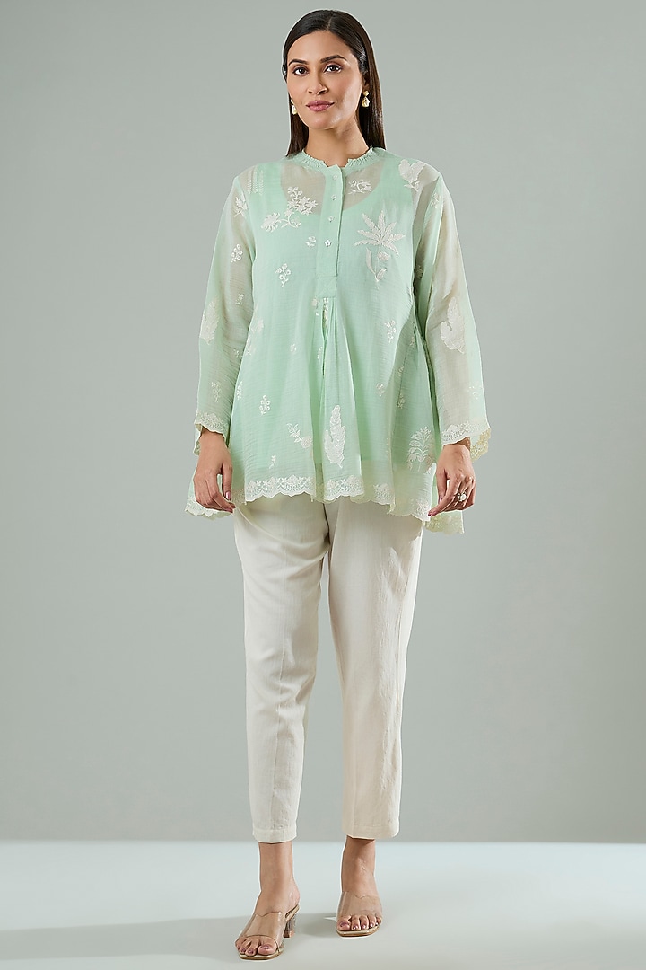 Firozi Silk & Cotton Applique Work Shirt by Azu at Pernia's Pop Up Shop
