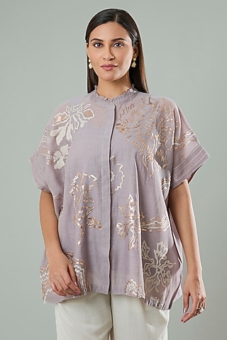 Lilac Silk & Cotton Applique Work Shirt by Azu