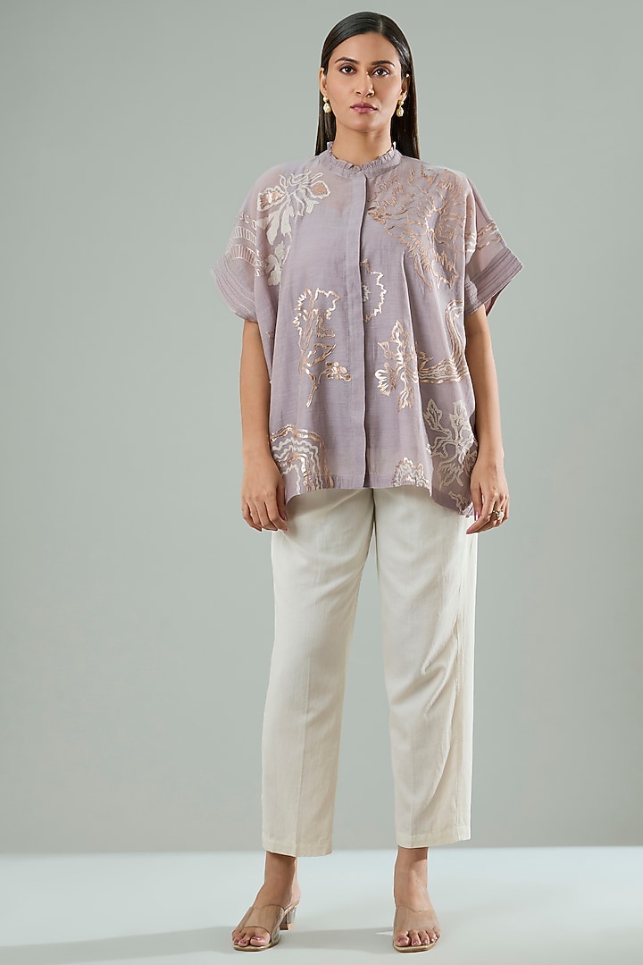 Lilac Silk & Cotton Applique Work Shirt by Azu at Pernia's Pop Up Shop