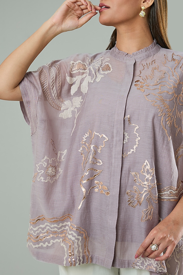 Lilac Silk & Cotton Applique Work Shirt by Azu at Pernia's Pop Up Shop