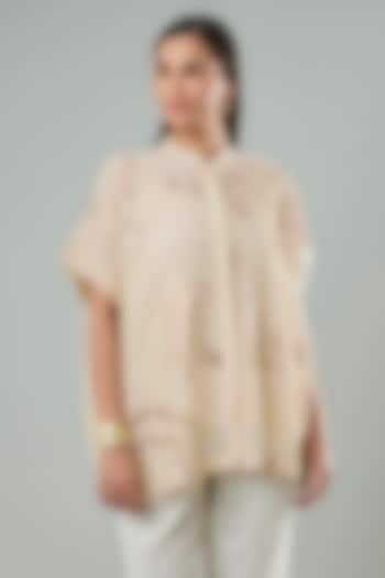 Beige Silk & Cotton Applique Work Shirt by Azu at Pernia's Pop Up Shop