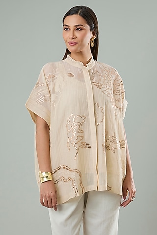 Beige Silk & Cotton Applique Work Shirt by Azu