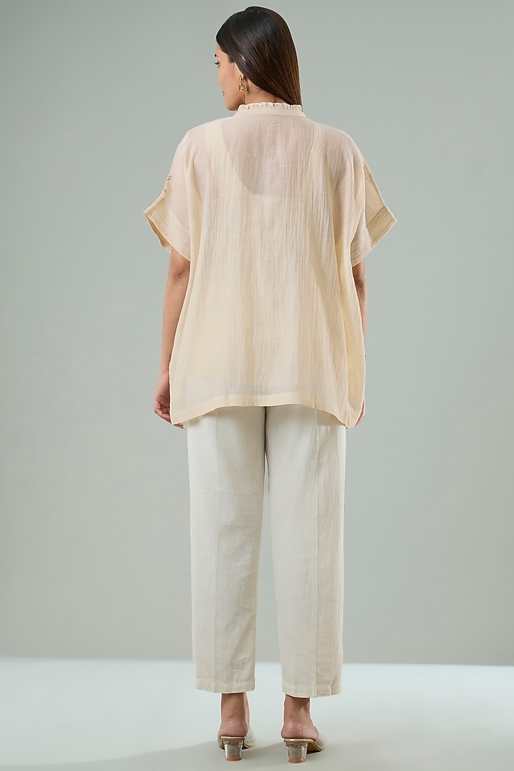 Beige Silk & Cotton Applique Work Shirt by Azu at Pernia's Pop Up Shop