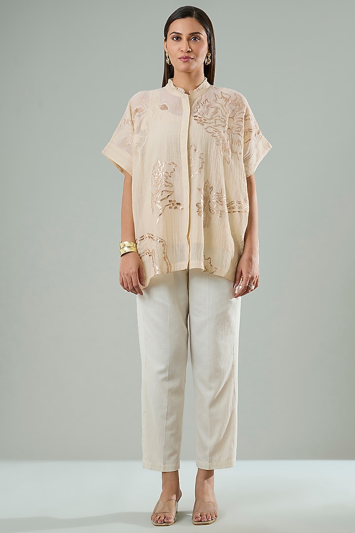 Beige Silk & Cotton Applique Work Shirt by Azu at Pernia's Pop Up Shop