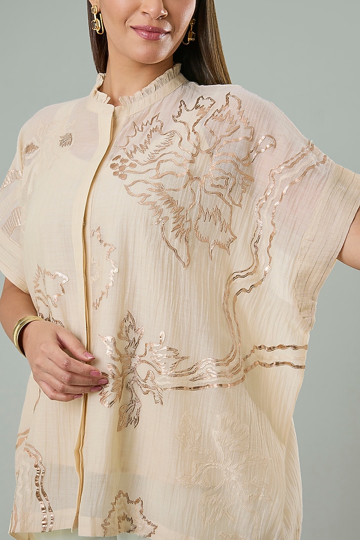 Beige Silk & Cotton Applique Work Shirt by Azu at Pernia's Pop Up Shop