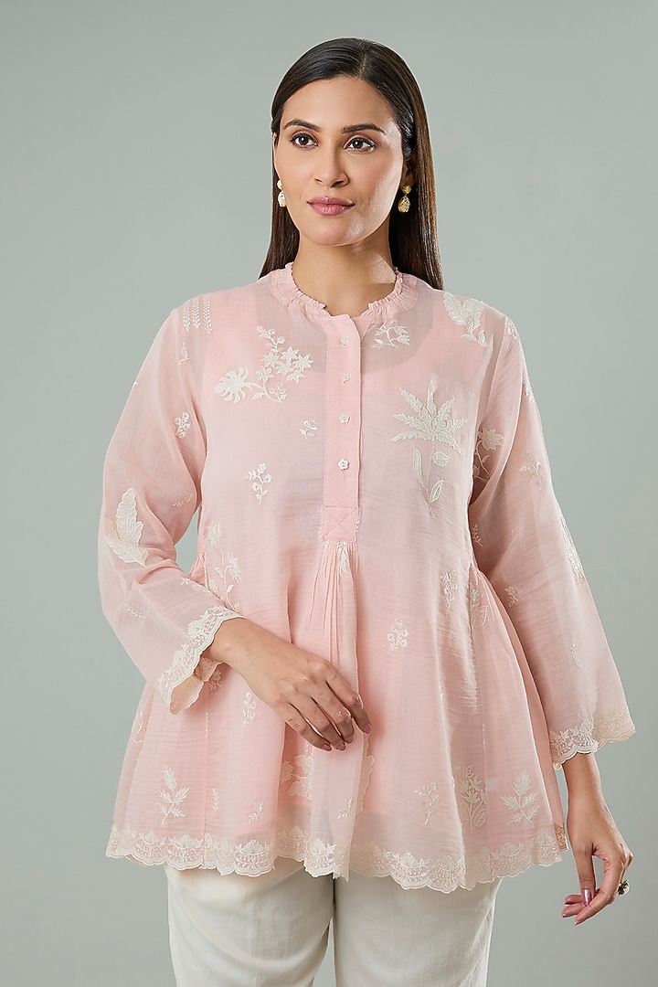 Pink Silk & Cotton Applique Work Shirt by Azu at Pernia's Pop Up Shop
