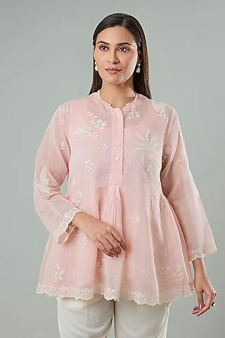 Pink Silk & Cotton Applique Work Shirt by Azu
