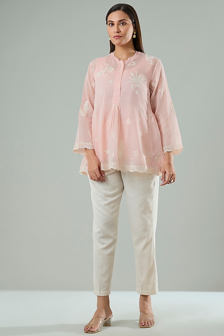Pink Silk & Cotton Applique Work Shirt by Azu at Pernia's Pop Up Shop
