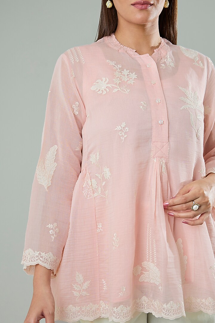 Pink Silk & Cotton Applique Work Shirt by Azu at Pernia's Pop Up Shop