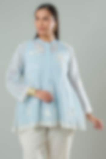 Ice Blue Silk & Cotton Applique Work Shirt by Azu at Pernia's Pop Up Shop