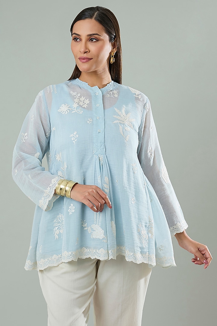 Ice Blue Silk & Cotton Applique Work Shirt by Azu at Pernia's Pop Up Shop