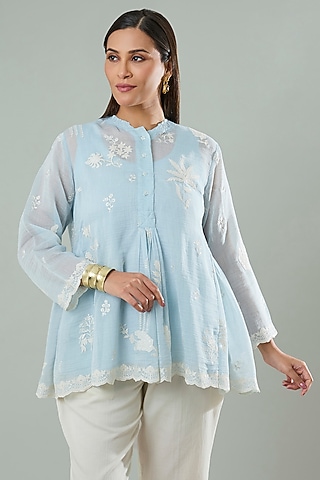 Ice Blue Silk & Cotton Applique Work Shirt by Azu