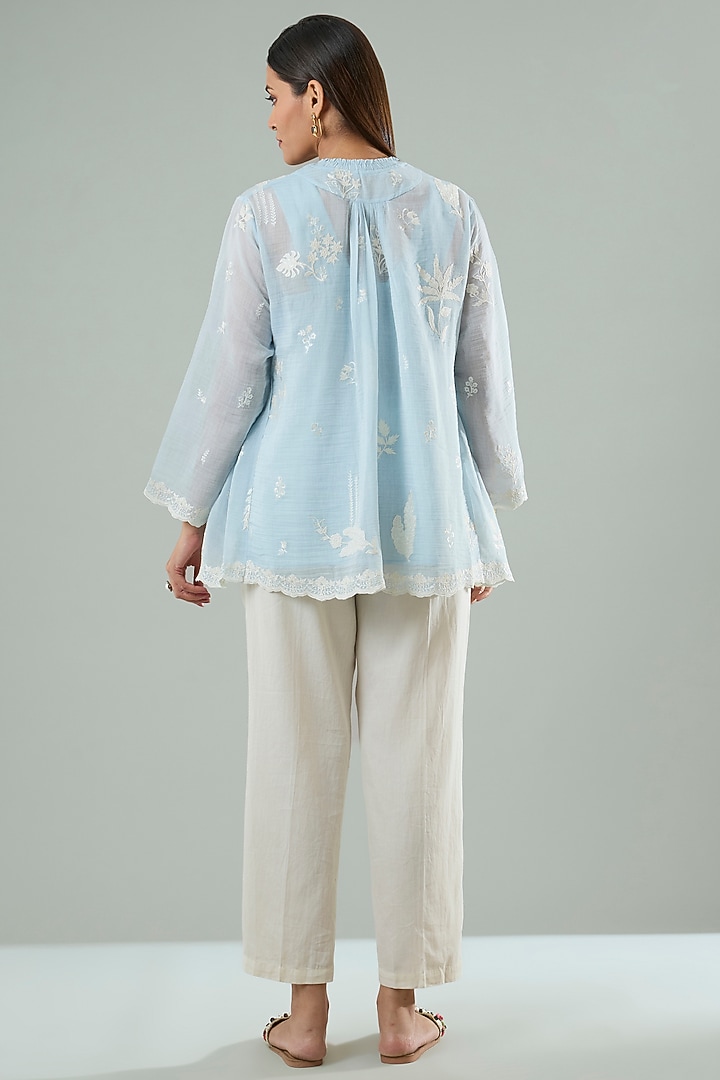 Ice Blue Silk & Cotton Applique Work Shirt by Azu at Pernia's Pop Up Shop