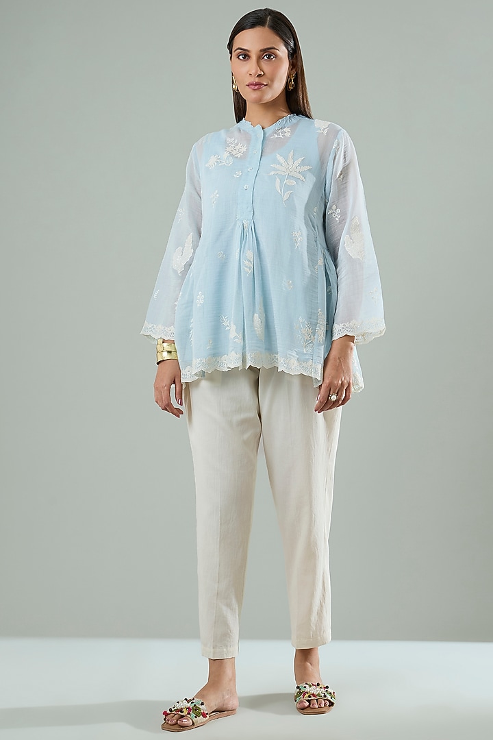 Ice Blue Silk & Cotton Applique Work Shirt by Azu at Pernia's Pop Up Shop