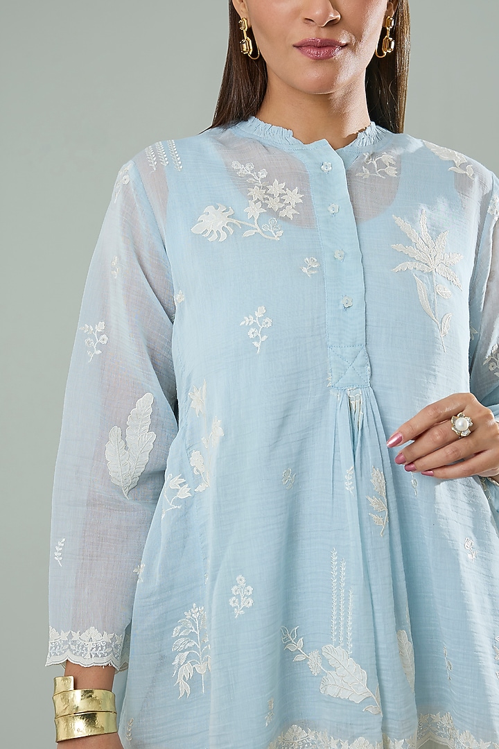 Ice Blue Silk & Cotton Applique Work Shirt by Azu at Pernia's Pop Up Shop