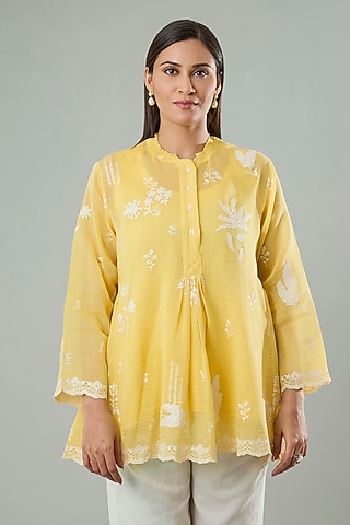 Mustard Silk & Cotton Applique Work Shirt by Azu