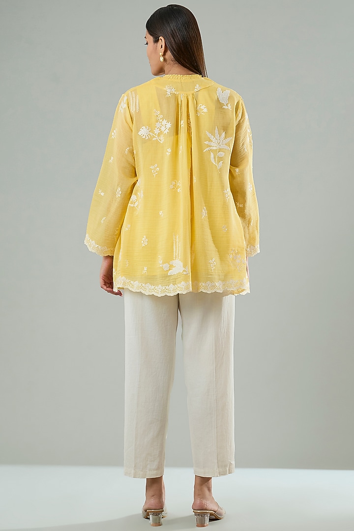 Mustard Silk & Cotton Applique Work Shirt by Azu at Pernia's Pop Up Shop