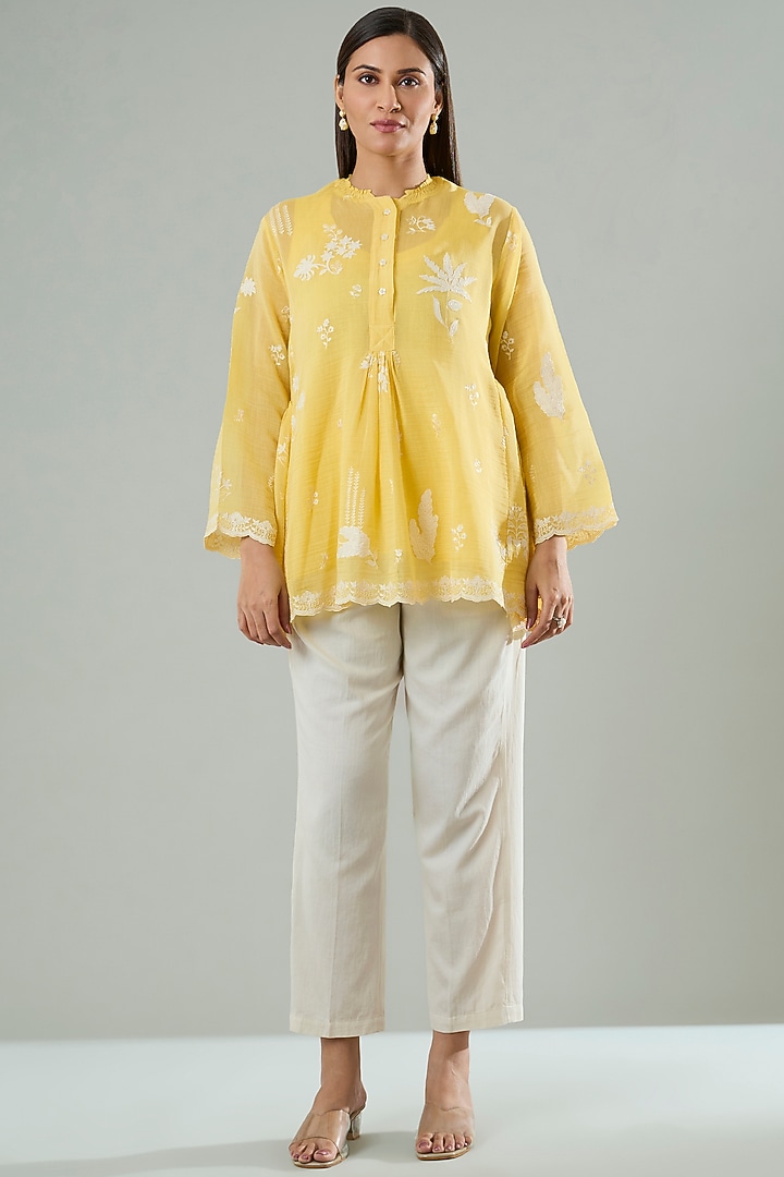 Mustard Silk & Cotton Applique Work Shirt by Azu at Pernia's Pop Up Shop