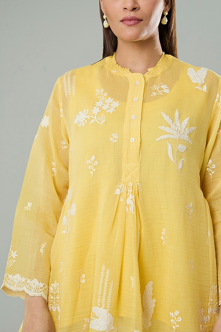 Mustard Silk & Cotton Applique Work Shirt by Azu at Pernia's Pop Up Shop