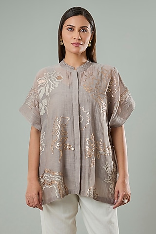 Mousse Brown Silk & Cotton Applique Work Shirt by Azu