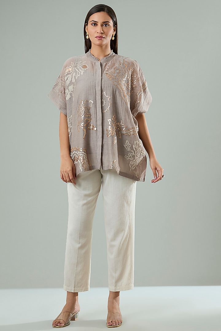 Mousse Brown Silk & Cotton Applique Work Shirt by Azu at Pernia's Pop Up Shop