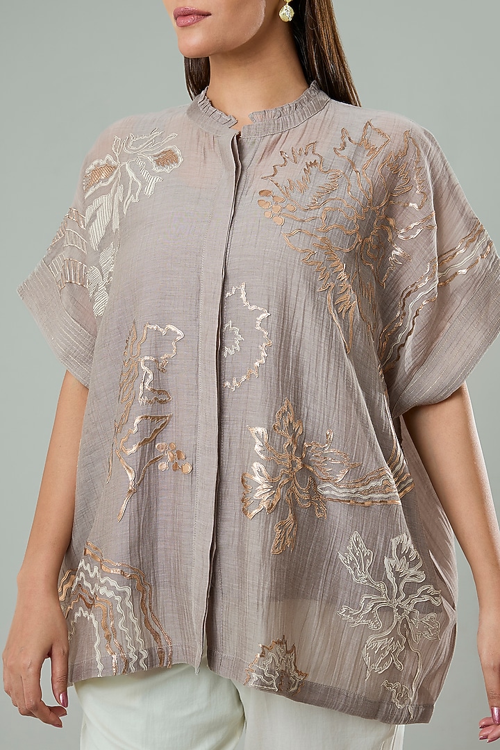 Mousse Brown Silk & Cotton Applique Work Shirt by Azu at Pernia's Pop Up Shop