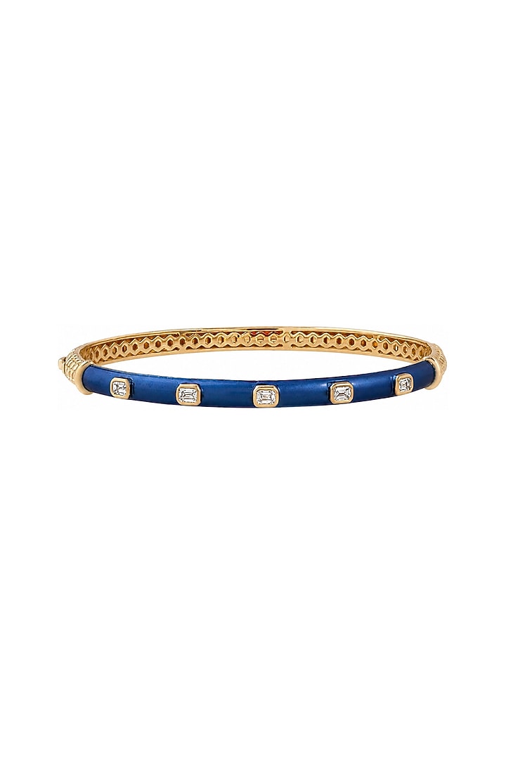 Yellow Gold Finish Emerald-Shaped Diamond Blue Enameled Bangle by Azure Jewel at Pernia's Pop Up Shop