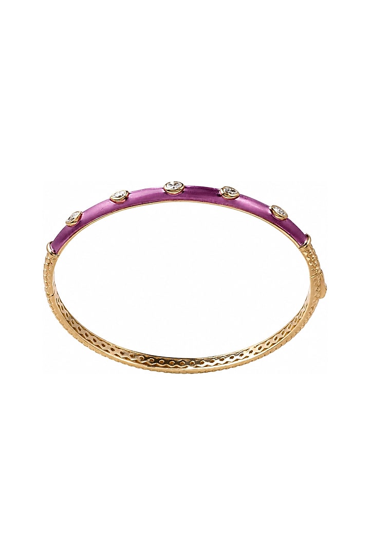 Yellow Gold Finish Pear-Shaped Diamond Pink Enameled Bangle by Azure Jewel at Pernia's Pop Up Shop