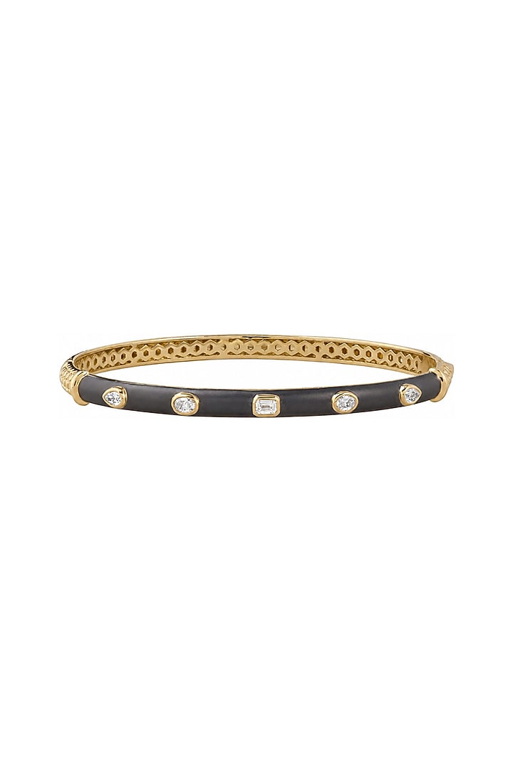 Yellow Gold Finish Emerald & Pear-Shaped Diamond Grey Enameled Bangle by Azure Jewel at Pernia's Pop Up Shop