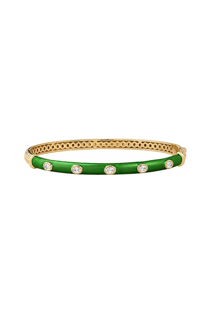 Yellow Gold Finish Oval-Shaped Diamond Green Enameled Bangle by Azure Jewel at Pernia's Pop Up Shop