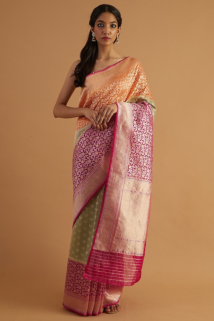 Pink Organza Zari & Jaal Handwoven Saree Set by NEITRI at Pernia's Pop Up Shop