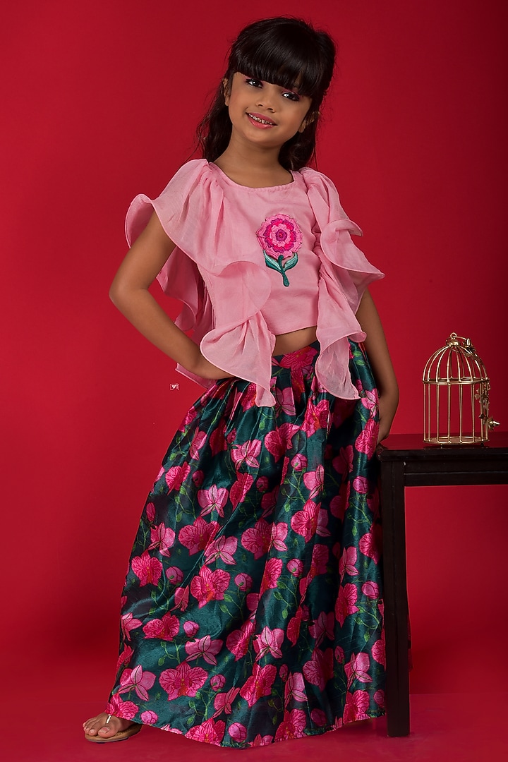 Dark Teal Floral Printed Skirt Set For Girls by Kirti Agarwal Pret n Couture at Pernia's Pop Up Shop