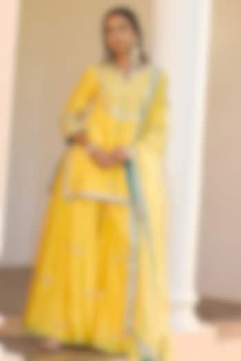 Yellow Pure Chanderi Silk Nakshi & Pitta Embroidered Sharara Set by Bbaawri