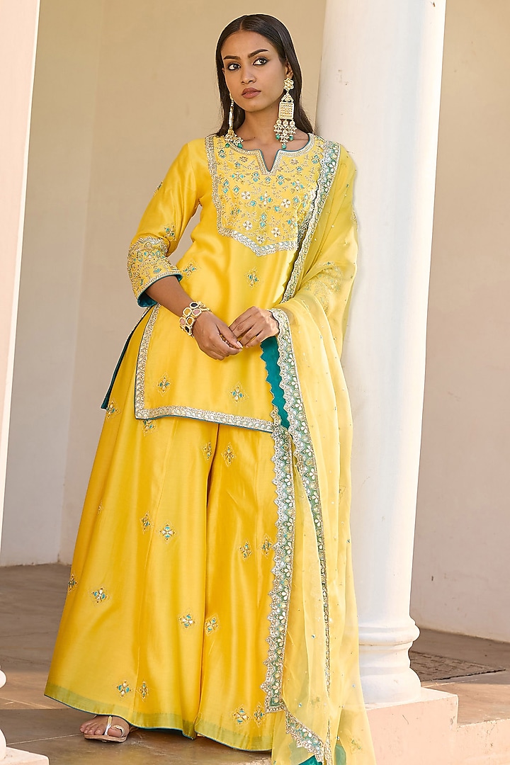 Yellow Pure Chanderi Silk Nakshi & Pitta Embroidered Sharara Set by Bbaawri
