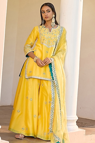 Yellow Pure Chanderi Silk Nakshi & Pitta Embroidered Sharara Set by Bbaawri