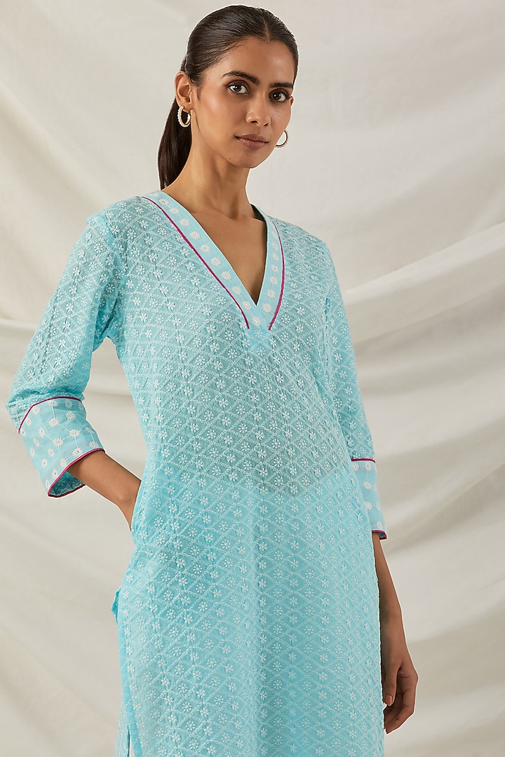 Blue Pure Cotton Chikankari Embroidered Kurta Set by The Indian Cause at Pernia's Pop Up Shop