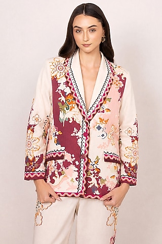 Multi Coloured Linen Viscose Printed Jacket by Ranna Gill