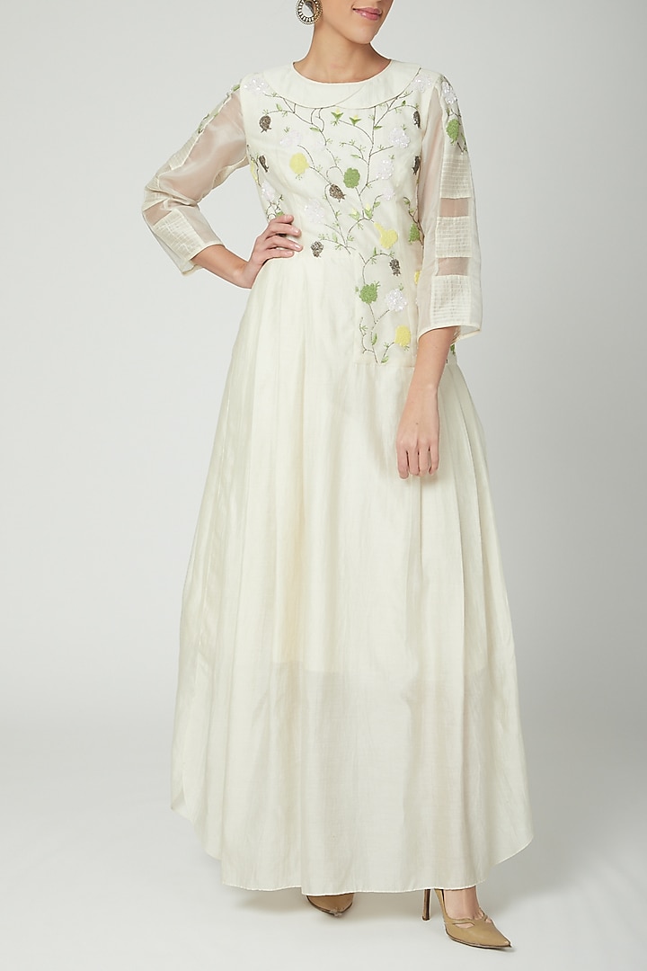 Off White Embroidered Gown by Baavli