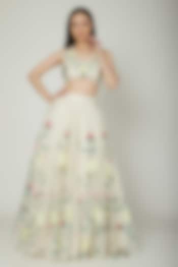 Off White Embroidered Crop Top With Hand Painted Lehenga by Baavli