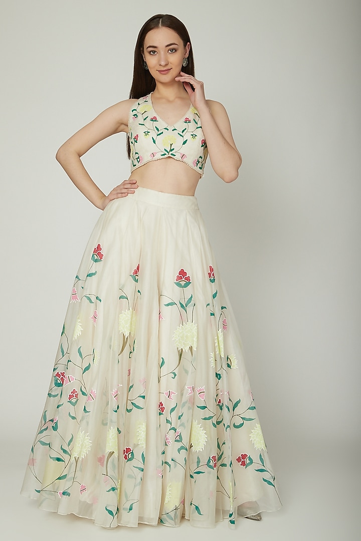 Off White Embroidered Crop Top With Hand Painted Lehenga by Baavli