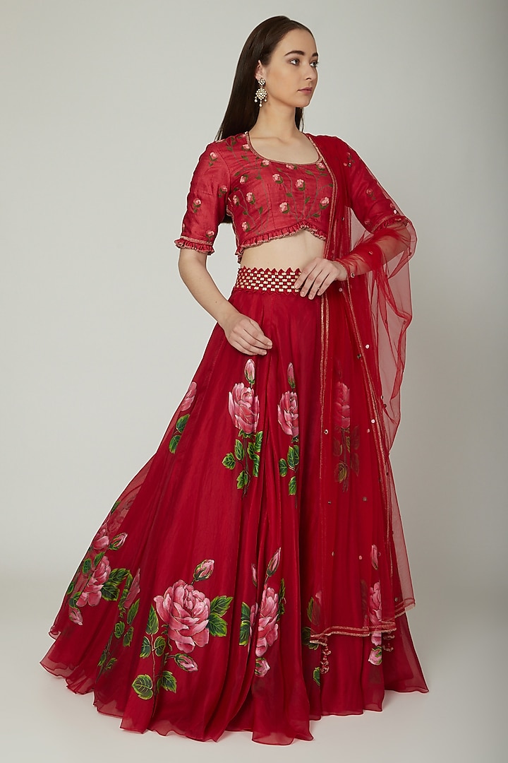 Red Embroidered & Hand Painted Lehenga Set by Baavli