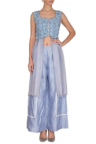 Pastel Blue Sleeveless Tunic With Sequins Palazzo Pants by Baavli