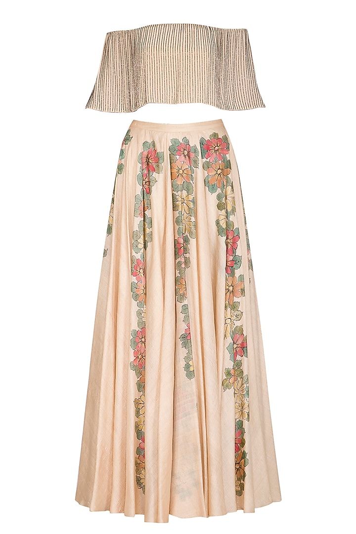Sand Beige Embellished Top With Hand Painted Lehenga Skirt by Baavli