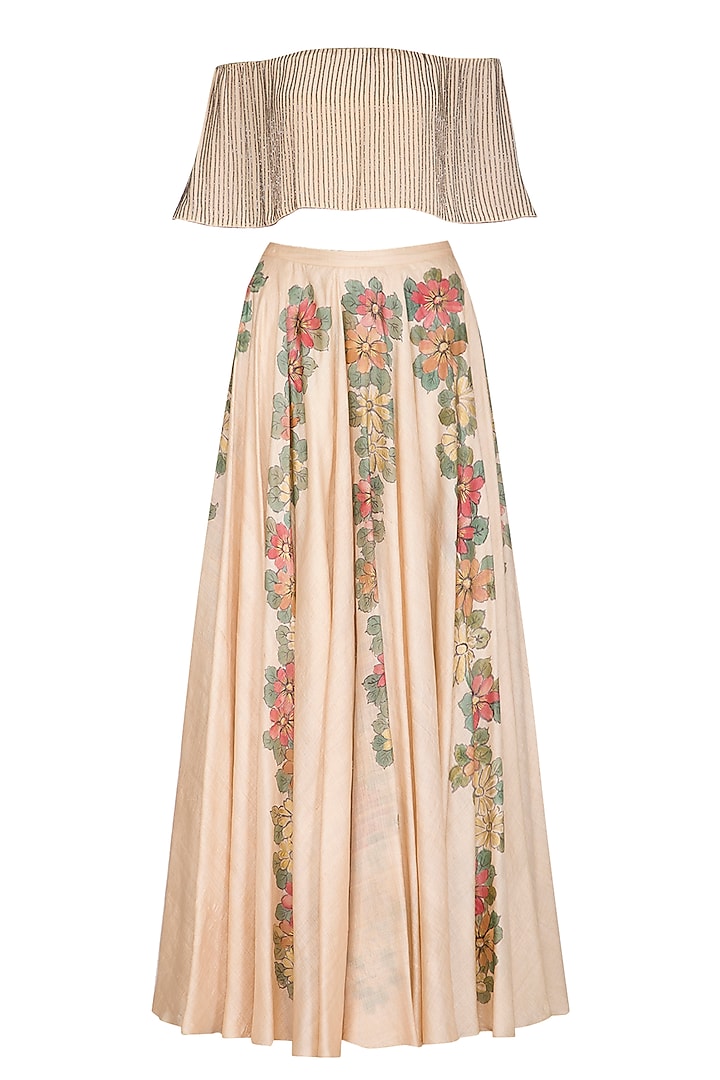 Sand Beige Embellished Top With Hand Painted Wedding Lehenga Skirt by Baavli at Pernia's Pop Up Shop