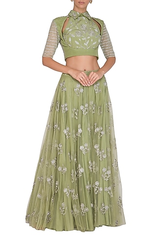 Green Embroidered Crop Top With Lehenga Skirt by Baavli