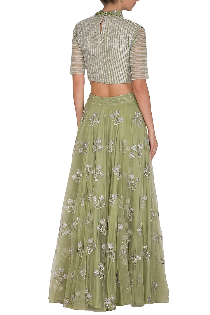 Green Embroidered Crop Top With Wedding Lehenga Skirt by Baavli at Pernia's Pop Up Shop